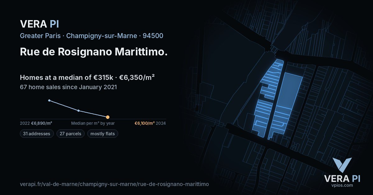 Rue de Rosignano Marittimo, Champigny-sur-Marne at night – every parcel coloured by the prices around it, the street's own parcels lit
