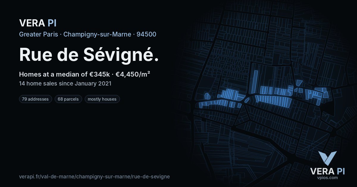 Rue de Sévigné, Champigny-sur-Marne at night – every parcel coloured by the prices around it, the street's own parcels lit