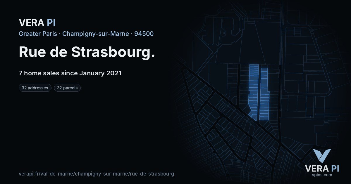 Rue de Strasbourg, Champigny-sur-Marne at night – every parcel coloured by the prices around it, the street's own parcels lit