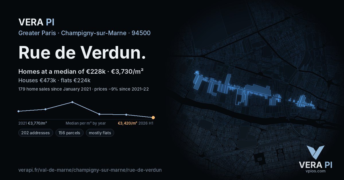 Rue de Verdun, Champigny-sur-Marne at night – every parcel coloured by the prices around it, the street's own parcels lit