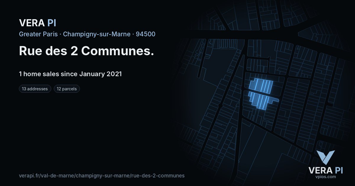 Rue des 2 Communes, Champigny-sur-Marne at night – every parcel coloured by the prices around it, the street's own parcels lit