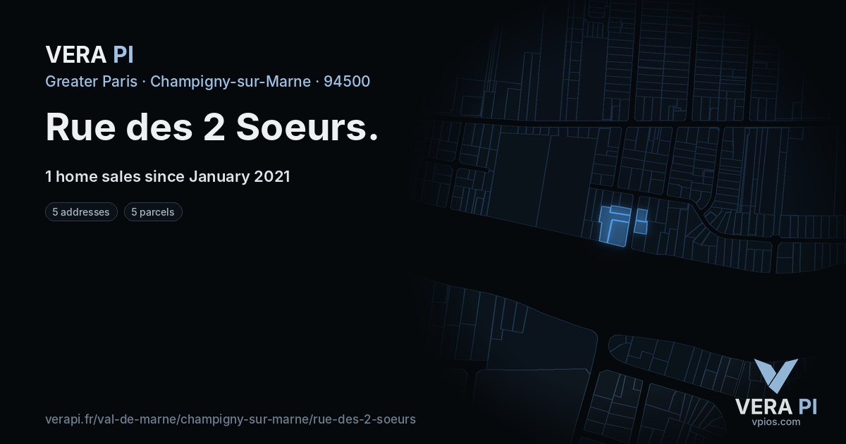 Rue des 2 Soeurs, Champigny-sur-Marne at night – every parcel coloured by the prices around it, the street's own parcels lit