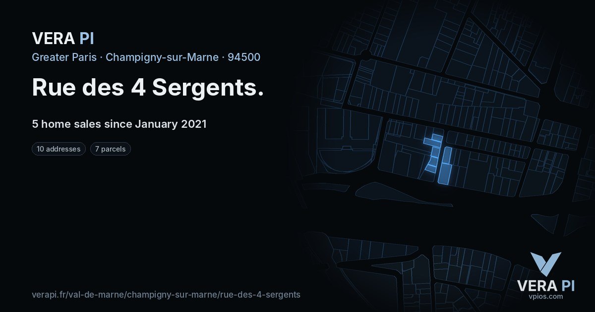 Rue des 4 Sergents, Champigny-sur-Marne at night – every parcel coloured by the prices around it, the street's own parcels lit