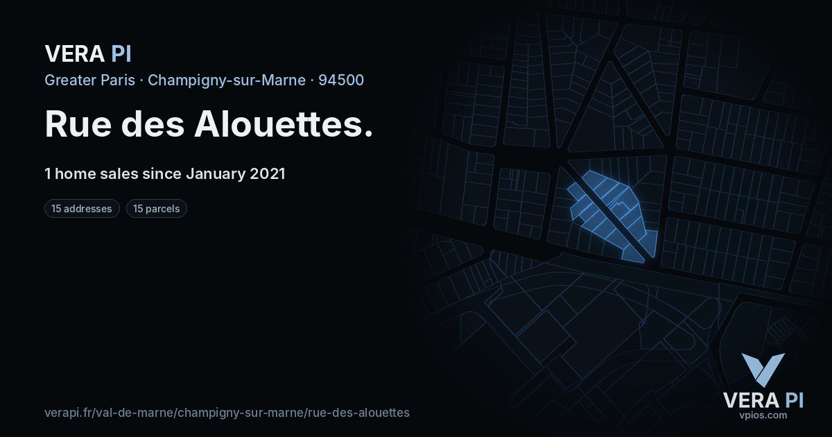 Rue des Alouettes, Champigny-sur-Marne at night – every parcel coloured by the prices around it, the street's own parcels lit