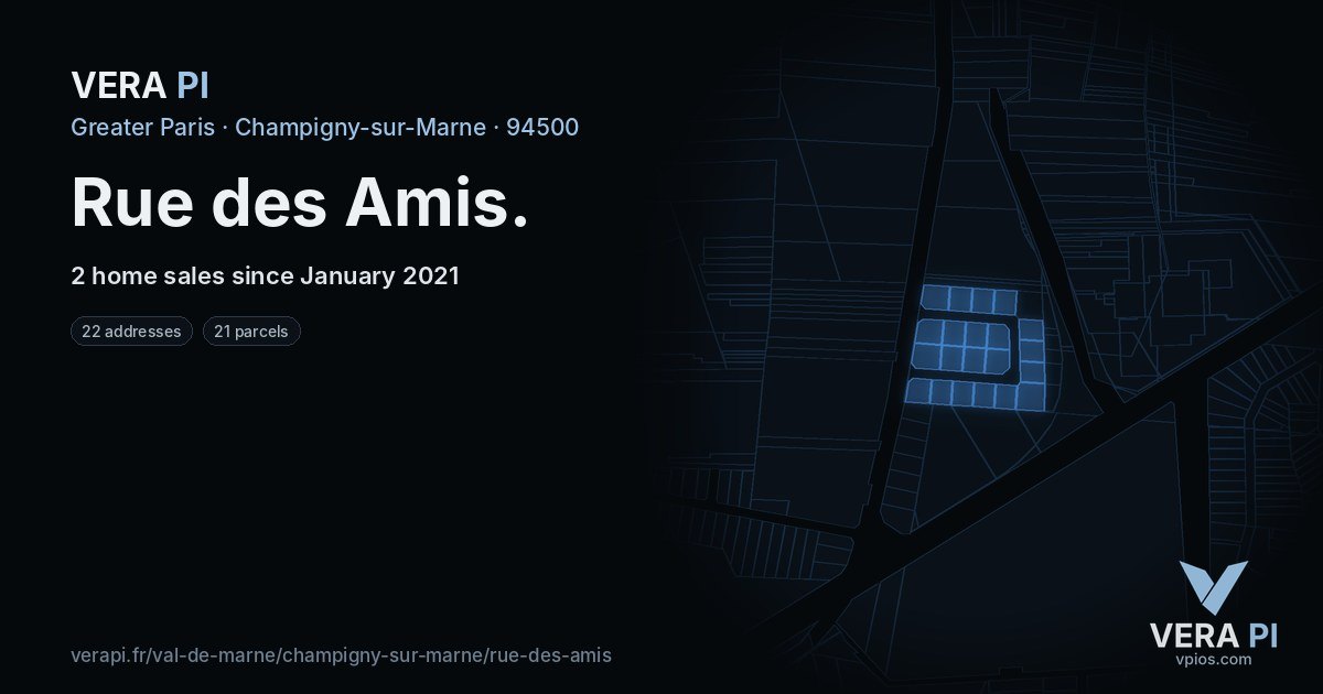 Rue des Amis, Champigny-sur-Marne at night – every parcel coloured by the prices around it, the street's own parcels lit