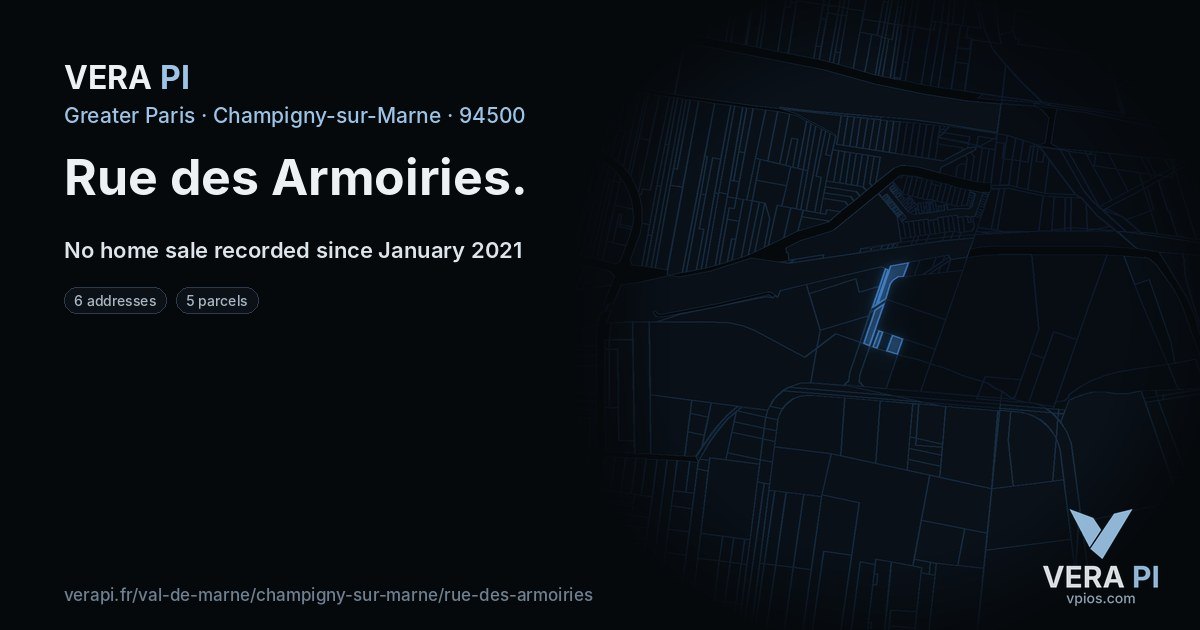 Rue des Armoiries, Champigny-sur-Marne at night – every parcel coloured by the prices around it, the street's own parcels lit