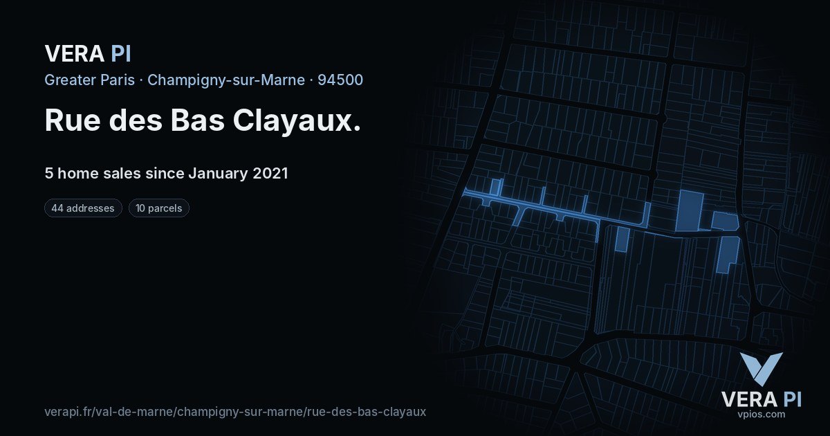 Rue des Bas Clayaux, Champigny-sur-Marne at night – every parcel coloured by the prices around it, the street's own parcels lit