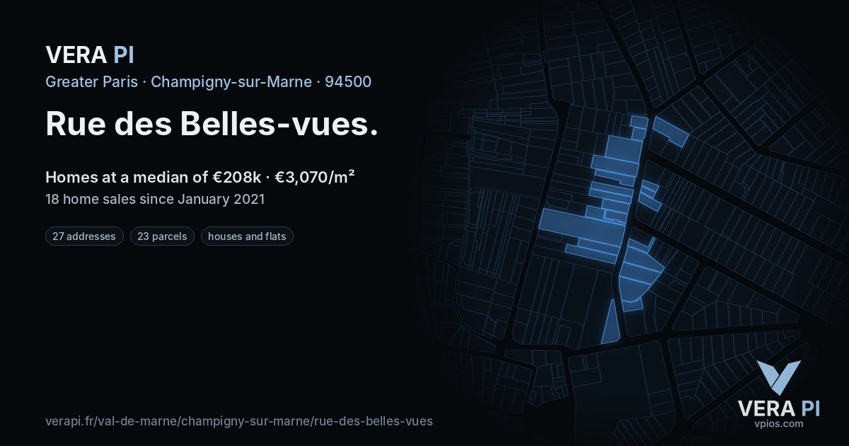 Rue des Belles-vues, Champigny-sur-Marne at night – every parcel coloured by the prices around it, the street's own parcels lit