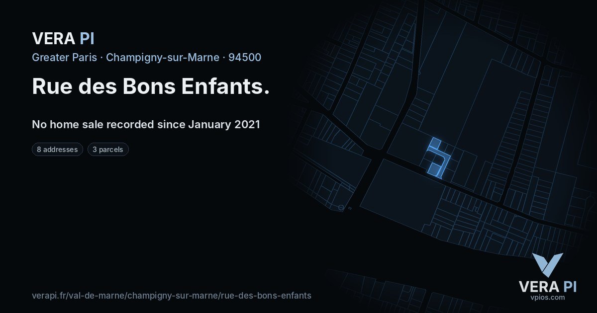 Rue des Bons Enfants, Champigny-sur-Marne at night – every parcel coloured by the prices around it, the street's own parcels lit