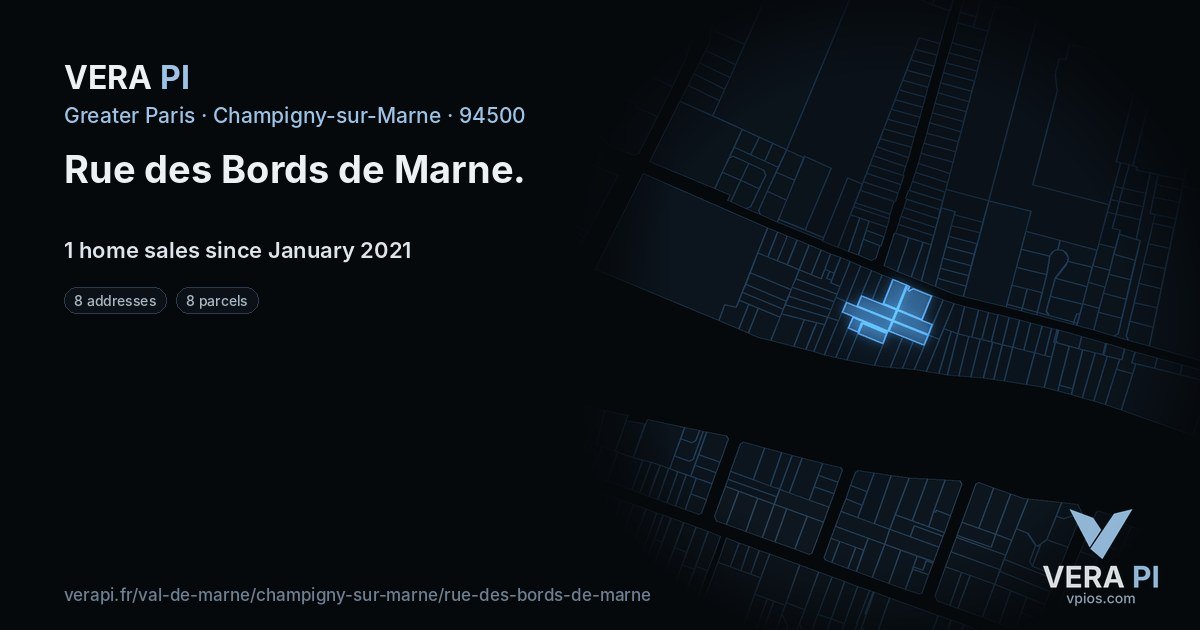 Rue des Bords de Marne, Champigny-sur-Marne at night – every parcel coloured by the prices around it, the street's own parcels lit