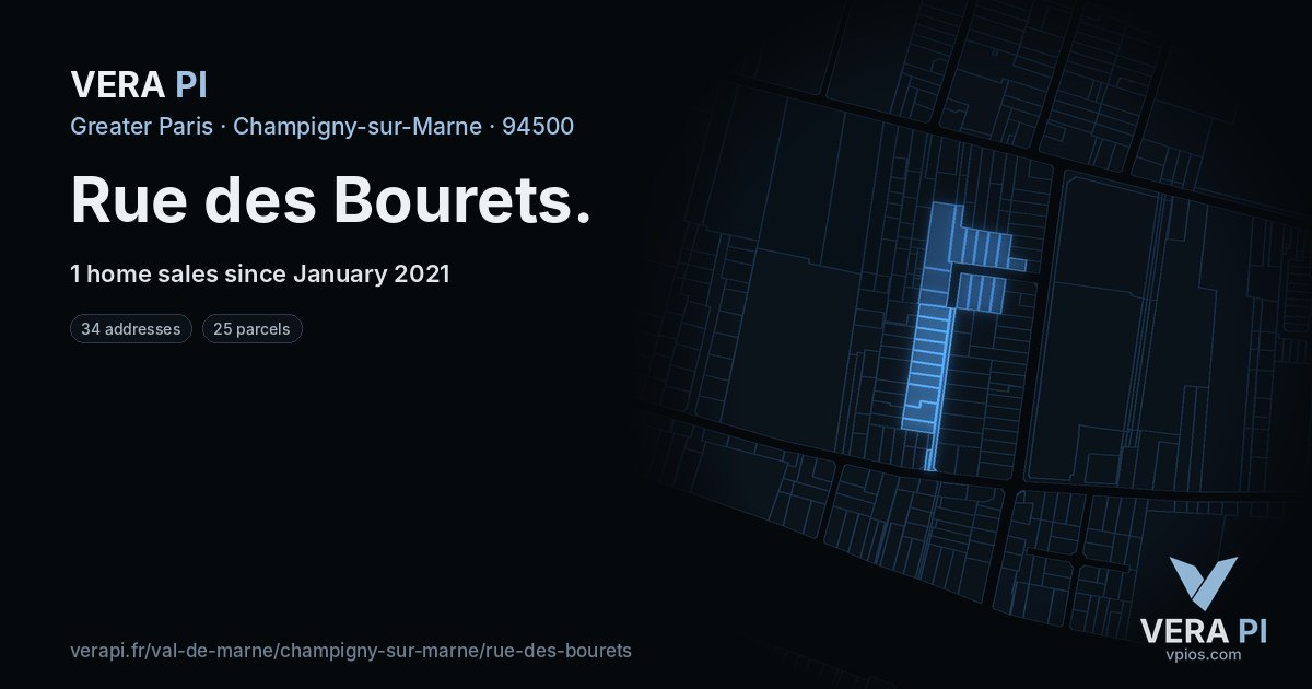 Rue des Bourets, Champigny-sur-Marne at night – every parcel coloured by the prices around it, the street's own parcels lit