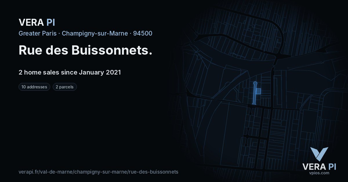 Rue des Buissonnets, Champigny-sur-Marne at night – every parcel coloured by the prices around it, the street's own parcels lit