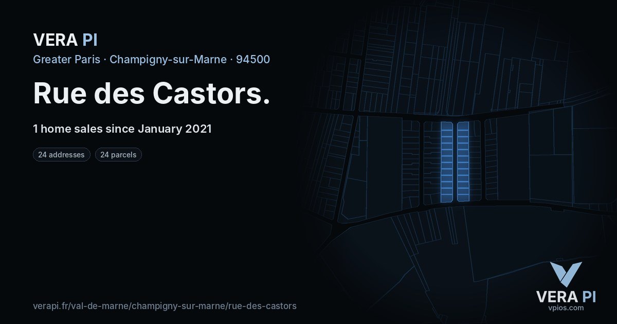 Rue des Castors, Champigny-sur-Marne at night – every parcel coloured by the prices around it, the street's own parcels lit