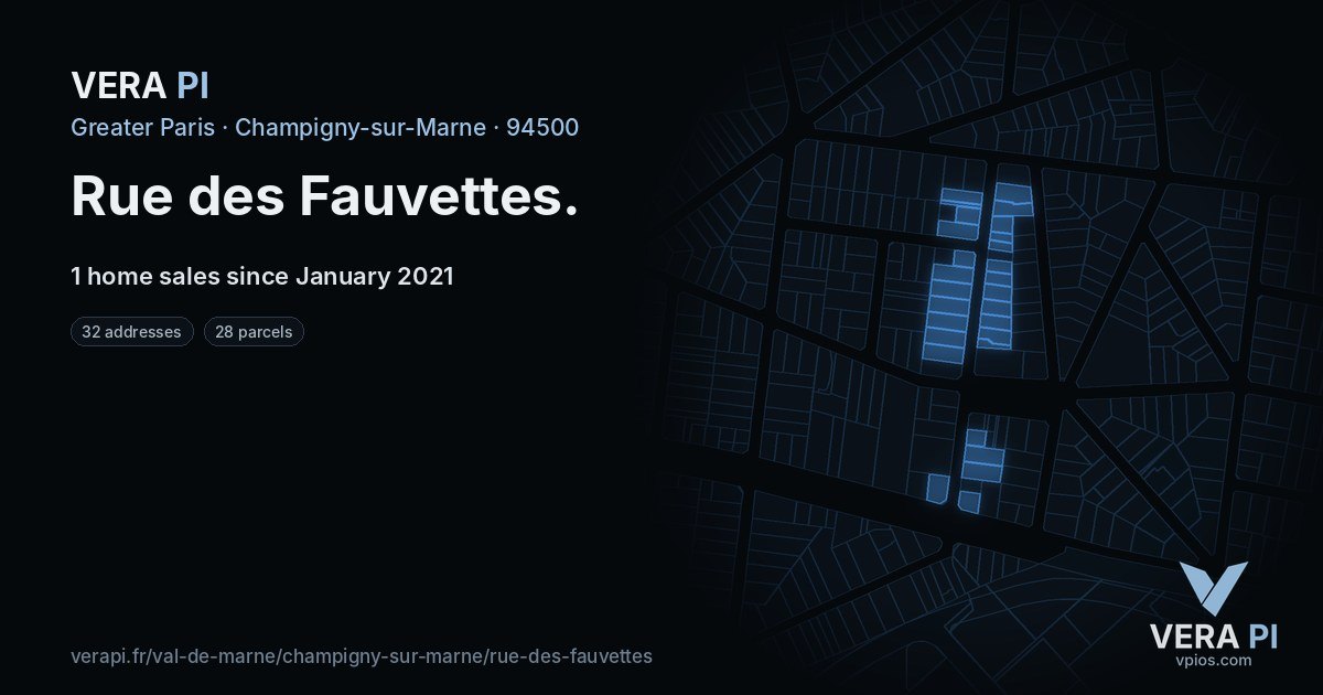 Rue des Fauvettes, Champigny-sur-Marne at night – every parcel coloured by the prices around it, the street's own parcels lit