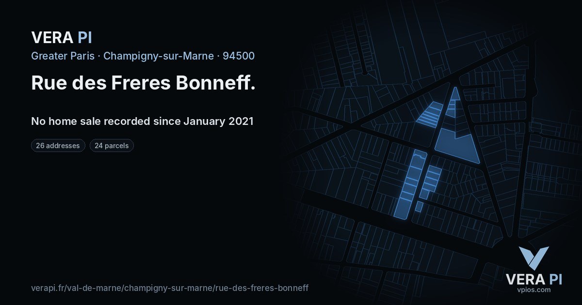 Rue des Freres Bonneff, Champigny-sur-Marne at night – every parcel coloured by the prices around it, the street's own parcels lit