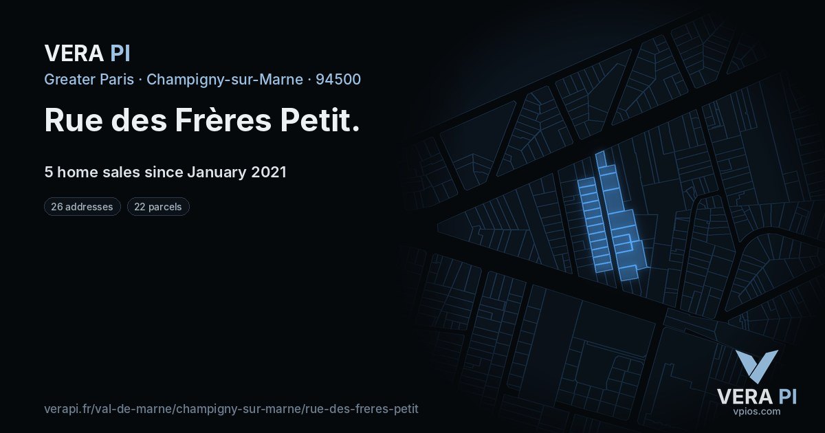 Rue des Frères Petit, Champigny-sur-Marne at night – every parcel coloured by the prices around it, the street's own parcels lit