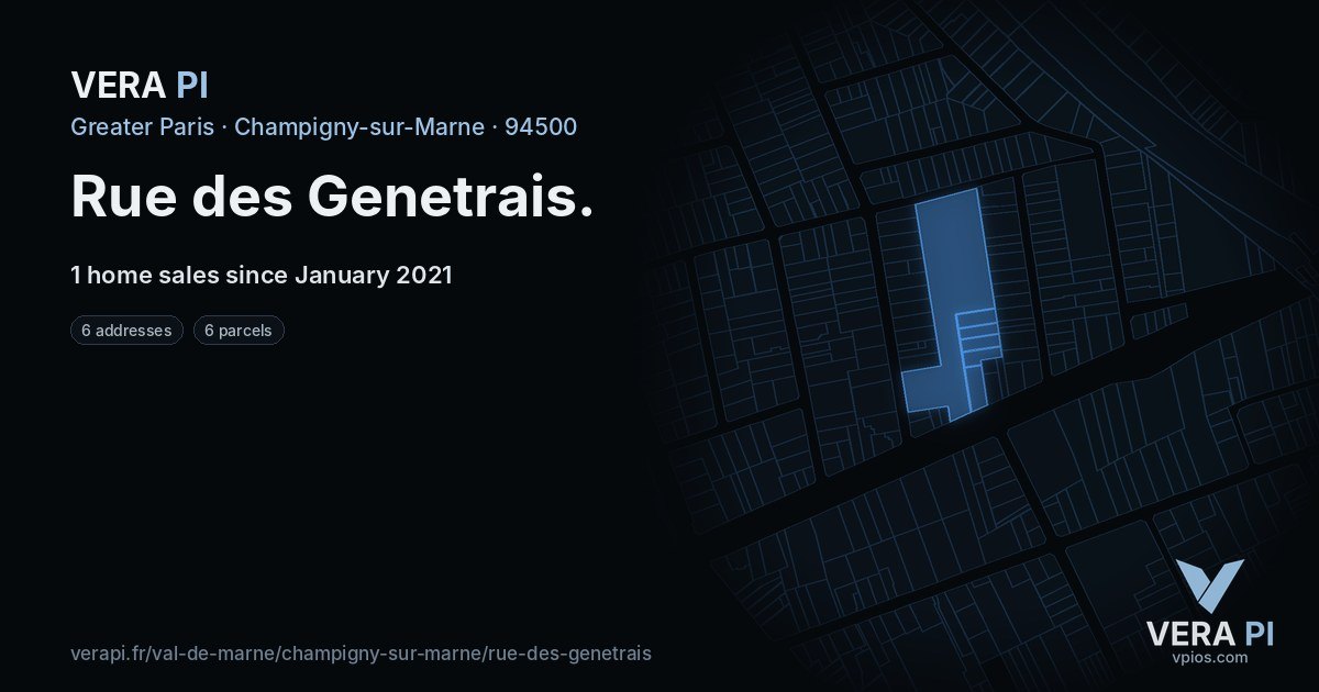 Rue des Genetrais, Champigny-sur-Marne at night – every parcel coloured by the prices around it, the street's own parcels lit