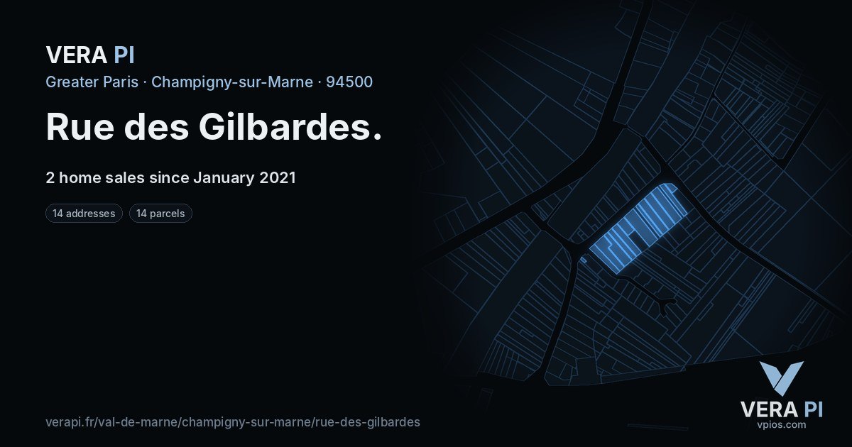 Rue des Gilbardes, Champigny-sur-Marne at night – every parcel coloured by the prices around it, the street's own parcels lit