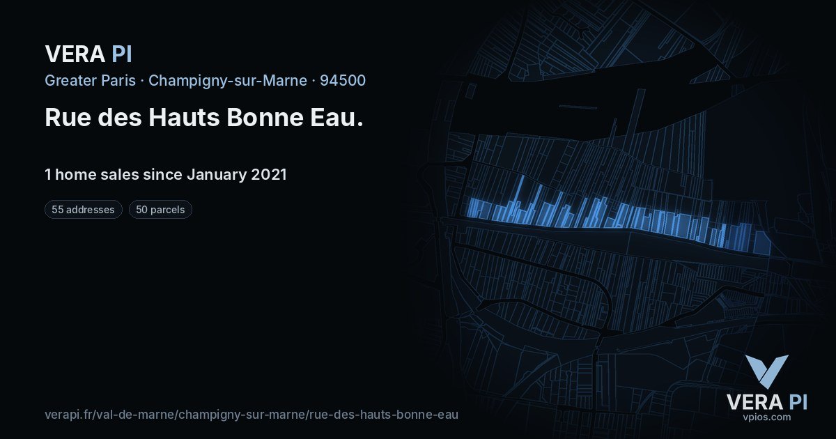 Rue des Hauts Bonne Eau, Champigny-sur-Marne at night – every parcel coloured by the prices around it, the street's own parcels lit