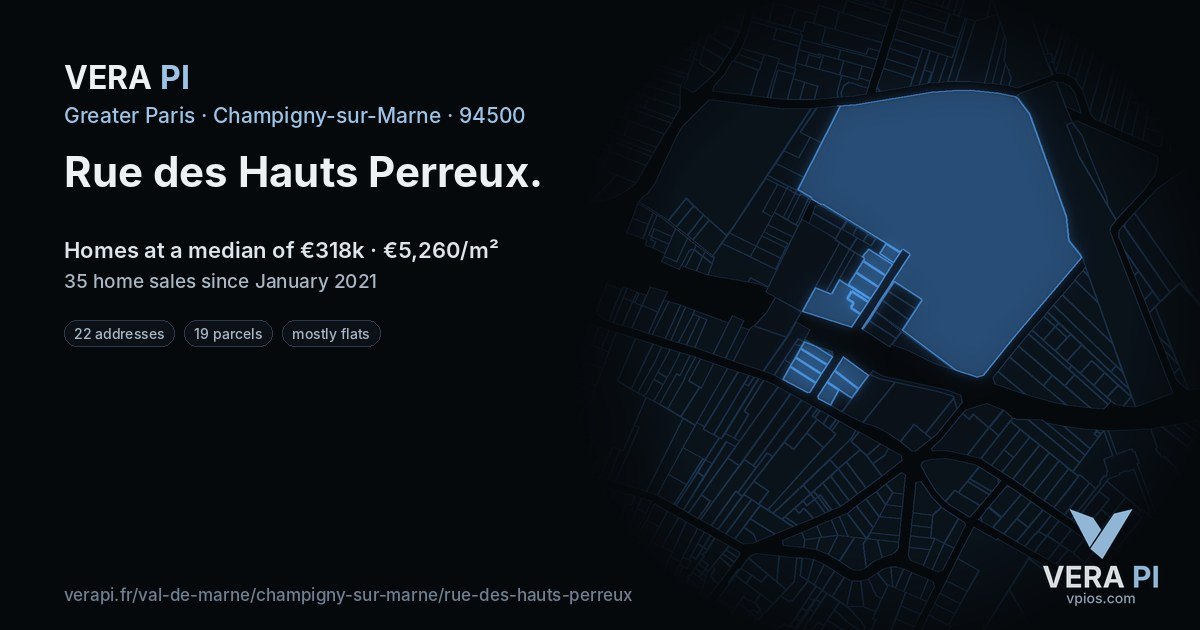 Rue des Hauts Perreux, Champigny-sur-Marne at night – every parcel coloured by the prices around it, the street's own parcels lit