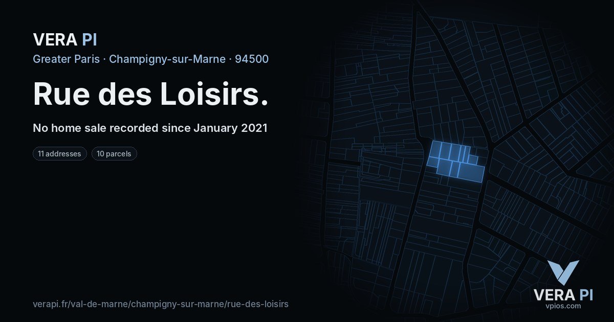 Rue des Loisirs, Champigny-sur-Marne at night – every parcel coloured by the prices around it, the street's own parcels lit