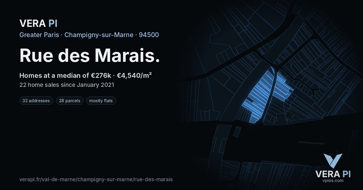 Rue des Marais, Champigny-sur-Marne at night – every parcel coloured by the prices around it, the street's own parcels lit