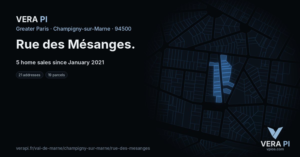 Rue des Mésanges, Champigny-sur-Marne at night – every parcel coloured by the prices around it, the street's own parcels lit