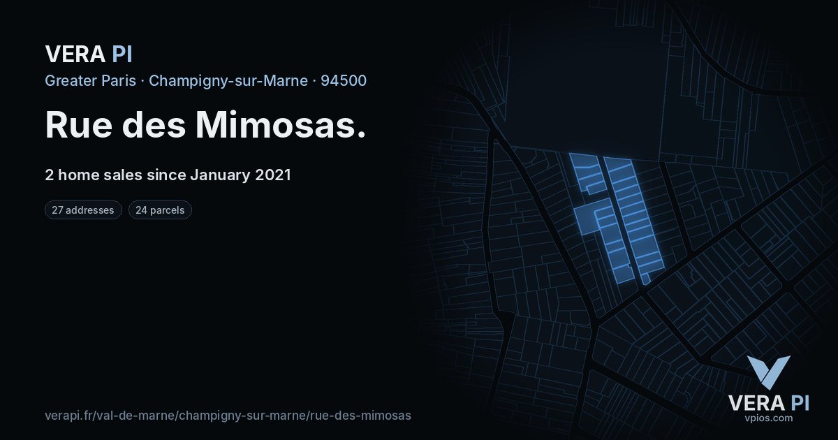 Rue des Mimosas, Champigny-sur-Marne at night – every parcel coloured by the prices around it, the street's own parcels lit
