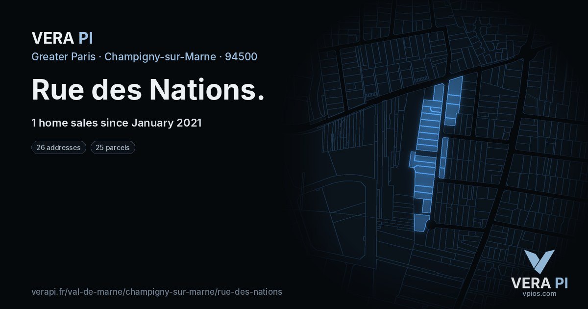 Rue des Nations, Champigny-sur-Marne at night – every parcel coloured by the prices around it, the street's own parcels lit