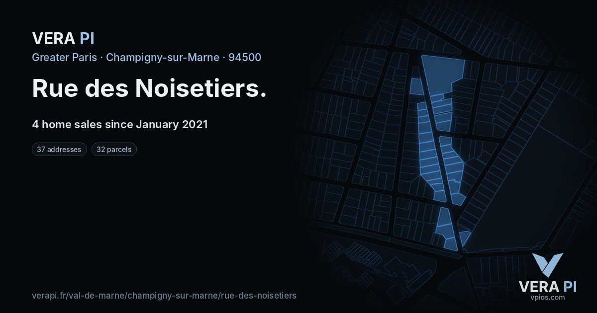Rue des Noisetiers, Champigny-sur-Marne at night – every parcel coloured by the prices around it, the street's own parcels lit