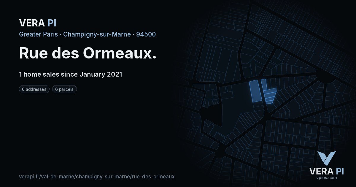 Rue des Ormeaux, Champigny-sur-Marne at night – every parcel coloured by the prices around it, the street's own parcels lit
