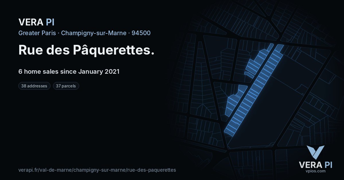 Rue des Pâquerettes, Champigny-sur-Marne at night – every parcel coloured by the prices around it, the street's own parcels lit