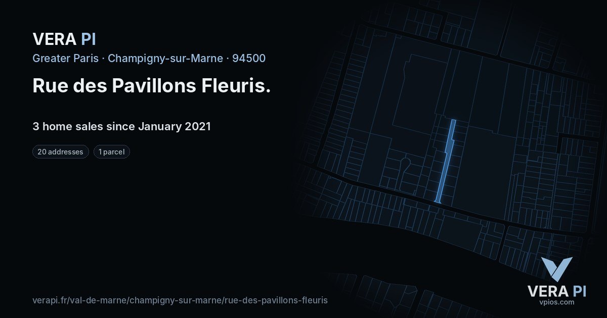 Rue des Pavillons Fleuris, Champigny-sur-Marne at night – every parcel coloured by the prices around it, the street's own parcels lit