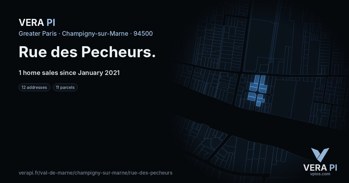 Rue des Pecheurs, Champigny-sur-Marne at night – every parcel coloured by the prices around it, the street's own parcels lit