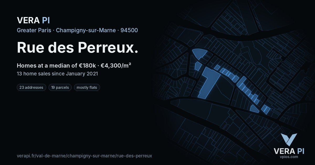 Rue des Perreux, Champigny-sur-Marne at night – every parcel coloured by the prices around it, the street's own parcels lit