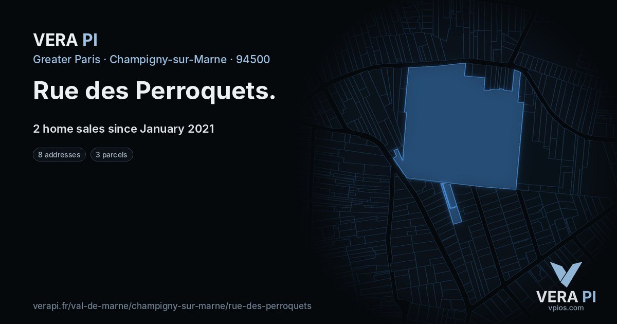 Rue des Perroquets, Champigny-sur-Marne at night – every parcel coloured by the prices around it, the street's own parcels lit