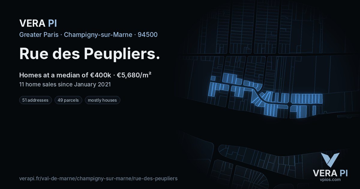 Rue des Peupliers, Champigny-sur-Marne at night – every parcel coloured by the prices around it, the street's own parcels lit