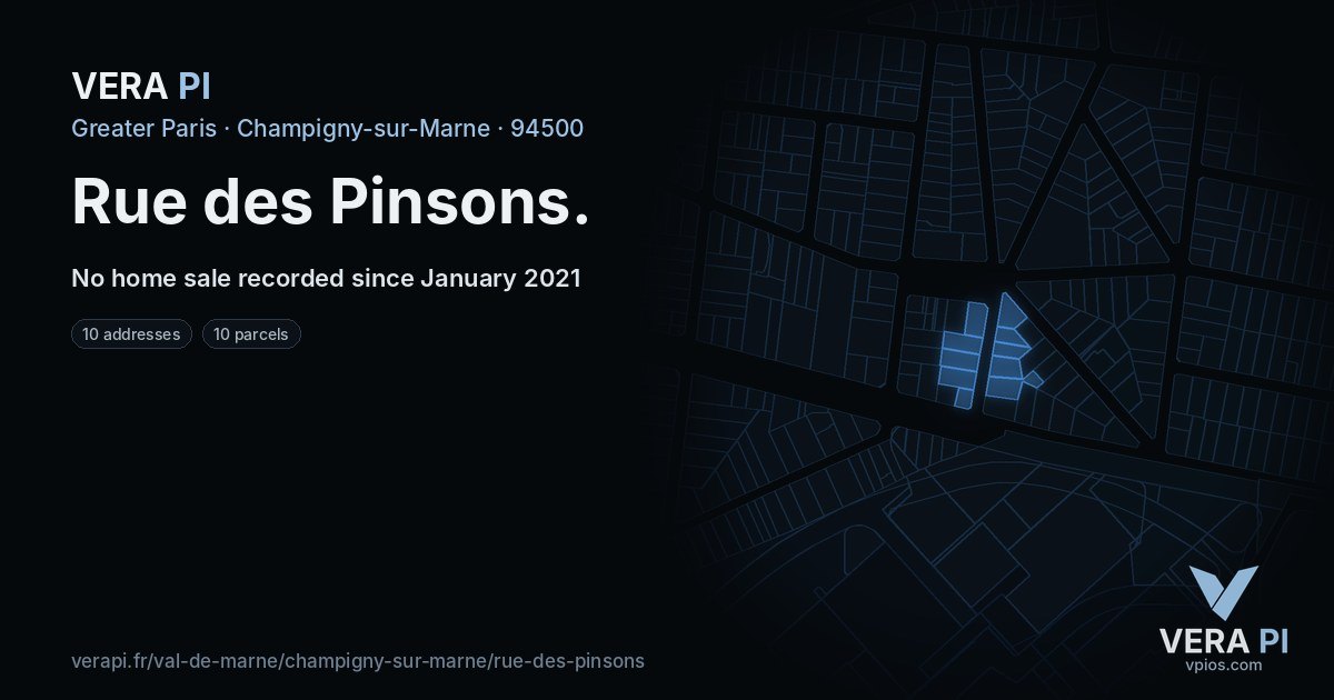 Rue des Pinsons, Champigny-sur-Marne at night – every parcel coloured by the prices around it, the street's own parcels lit