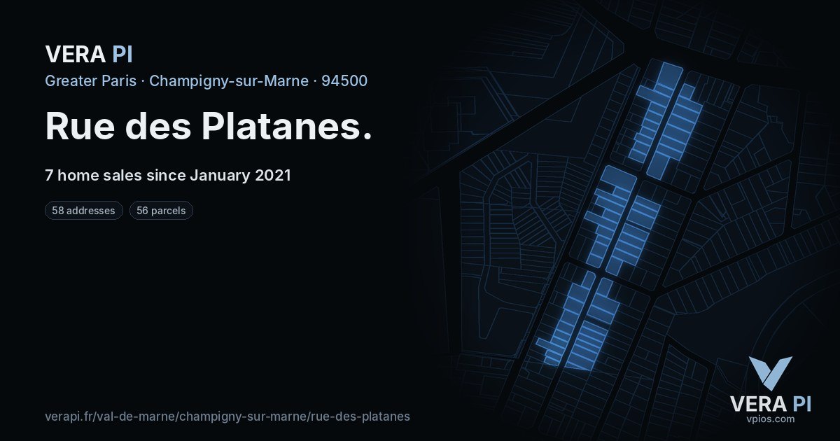 Rue des Platanes, Champigny-sur-Marne at night – every parcel coloured by the prices around it, the street's own parcels lit