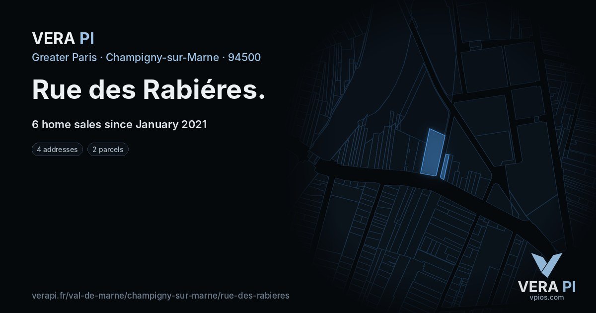 Rue des Rabiéres, Champigny-sur-Marne at night – every parcel coloured by the prices around it, the street's own parcels lit
