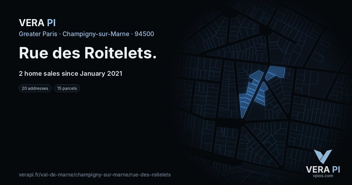 Rue des Roitelets, Champigny-sur-Marne at night – every parcel coloured by the prices around it, the street's own parcels lit