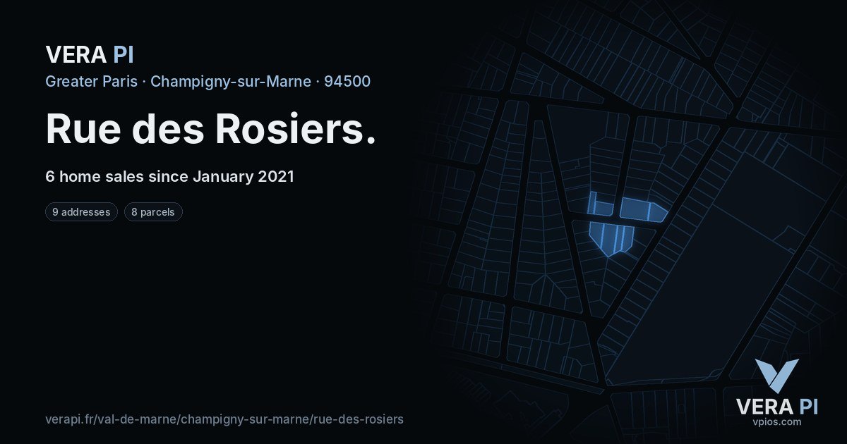 Rue des Rosiers, Champigny-sur-Marne at night – every parcel coloured by the prices around it, the street's own parcels lit