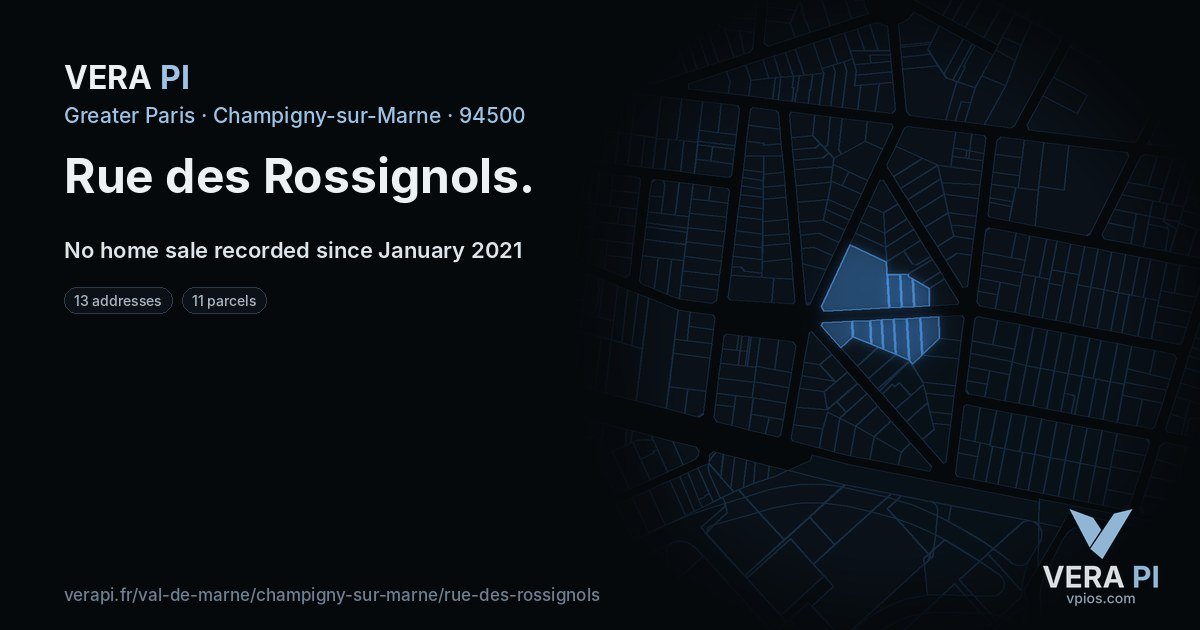 Rue des Rossignols, Champigny-sur-Marne at night – every parcel coloured by the prices around it, the street's own parcels lit