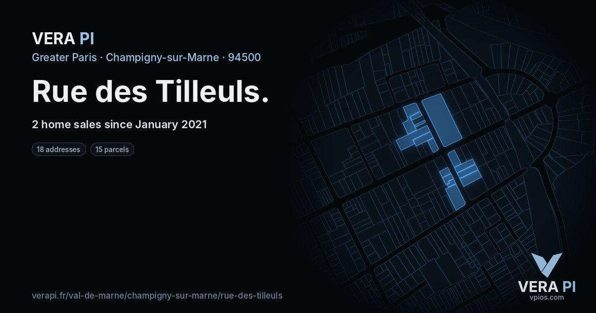 Rue des Tilleuls, Champigny-sur-Marne at night – every parcel coloured by the prices around it, the street's own parcels lit