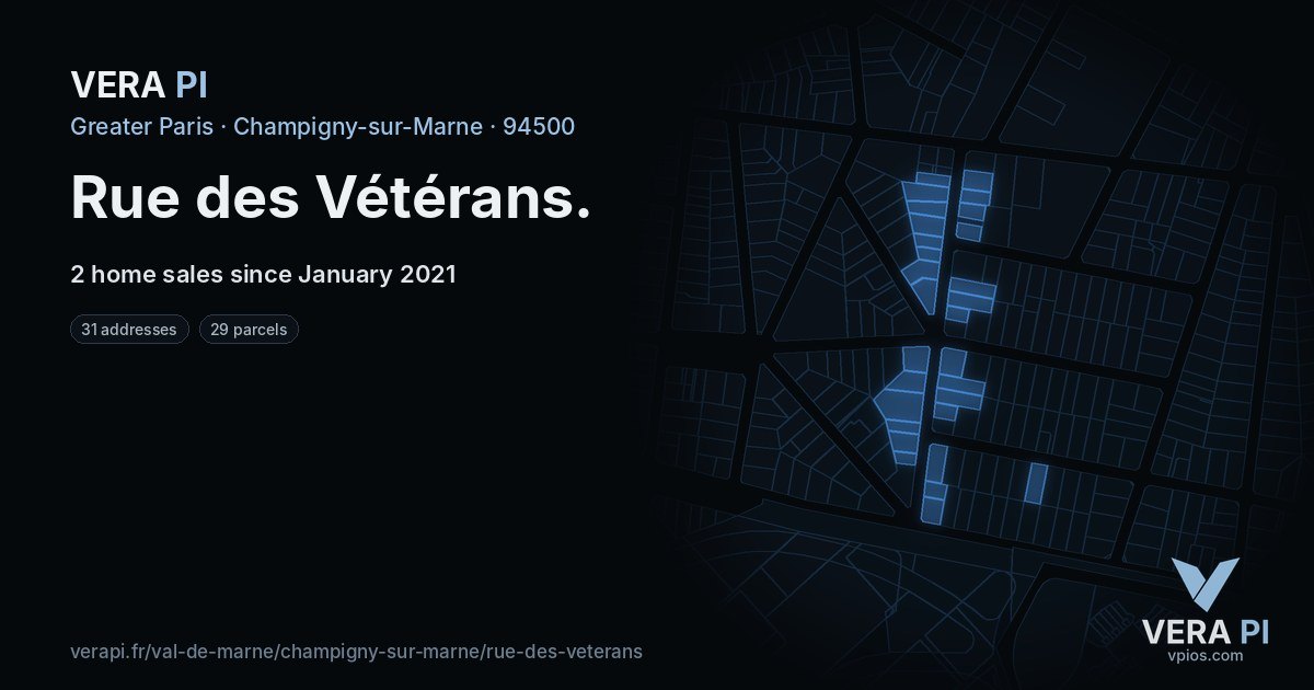 Rue des Vétérans, Champigny-sur-Marne at night – every parcel coloured by the prices around it, the street's own parcels lit