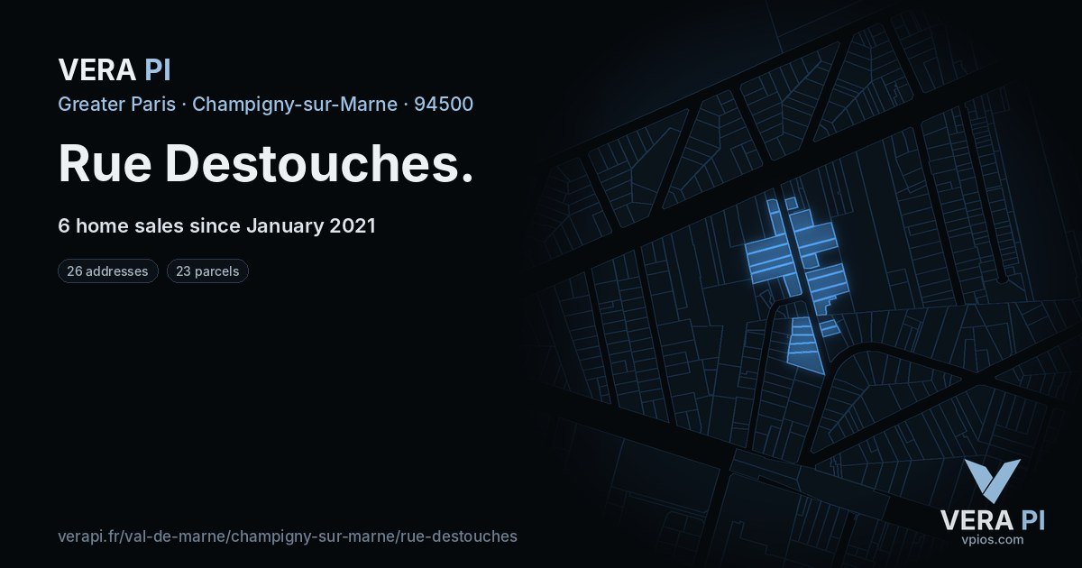 Rue Destouches, Champigny-sur-Marne at night – every parcel coloured by the prices around it, the street's own parcels lit