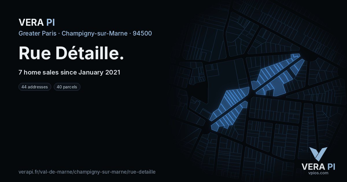 Rue Détaille, Champigny-sur-Marne at night – every parcel coloured by the prices around it, the street's own parcels lit