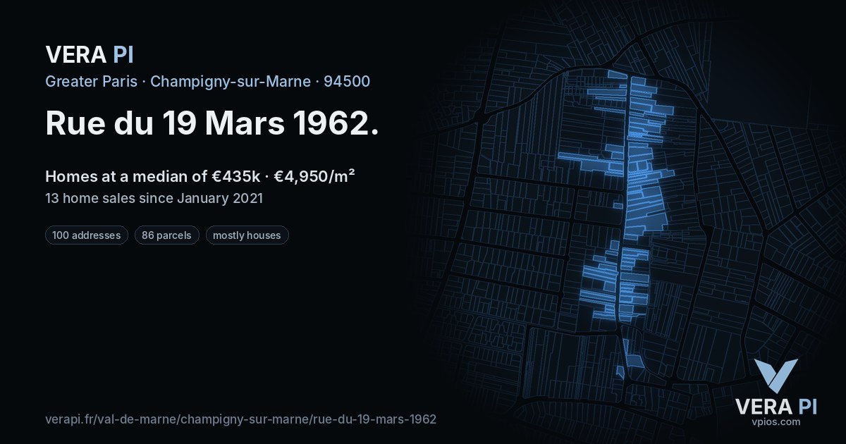 Rue du 19 Mars 1962, Champigny-sur-Marne at night – every parcel coloured by the prices around it, the street's own parcels lit