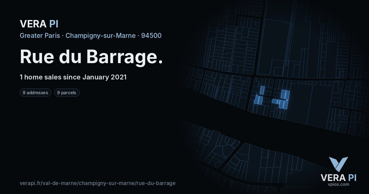 Rue du Barrage, Champigny-sur-Marne at night – every parcel coloured by the prices around it, the street's own parcels lit