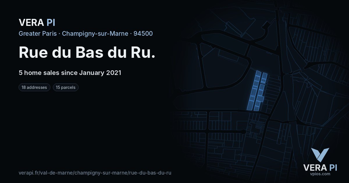 Rue du Bas du Ru, Champigny-sur-Marne at night – every parcel coloured by the prices around it, the street's own parcels lit